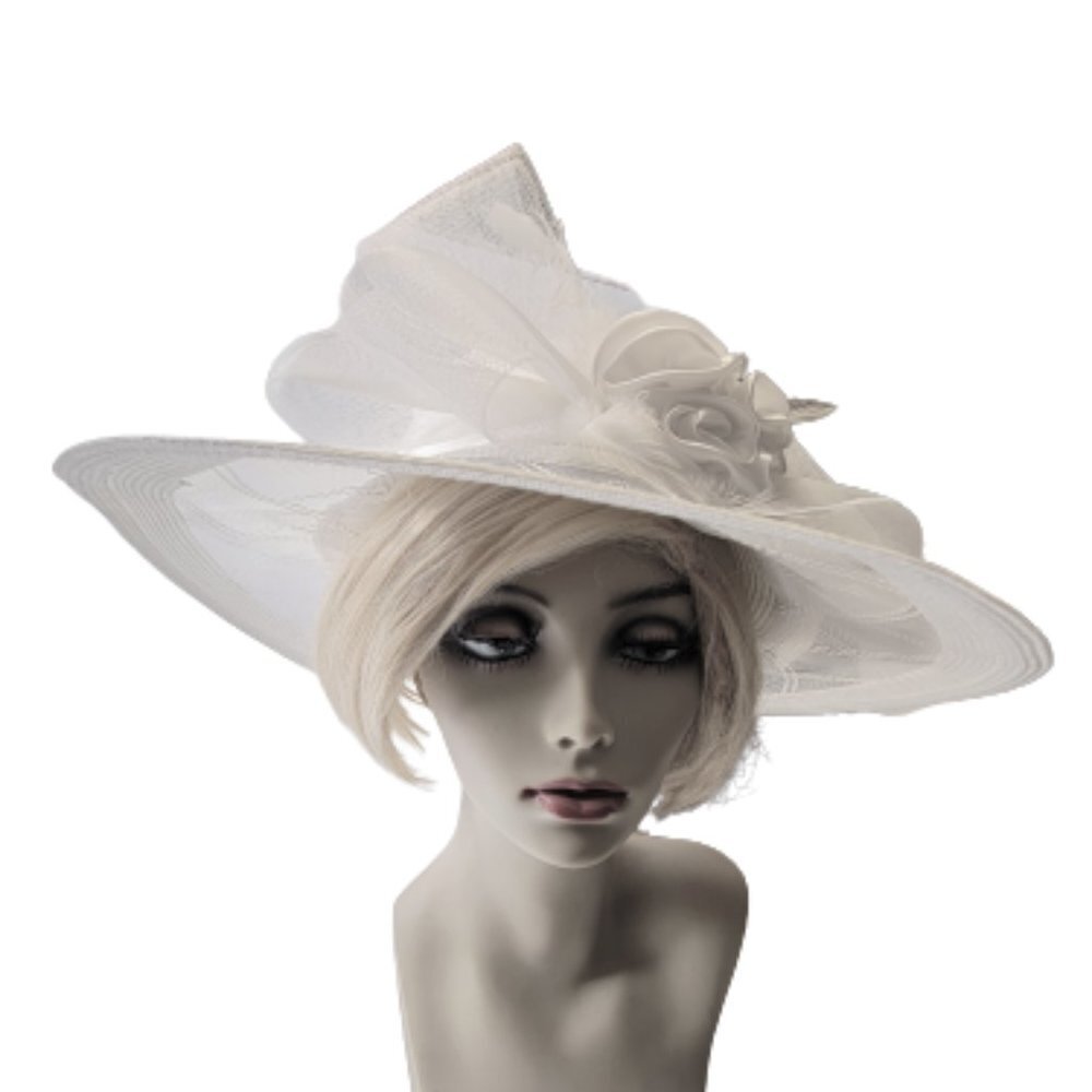 White Satin Ribbon Bows Rosettes Large Wide Brim Hat One Size Fits All - Picture 7 of 12